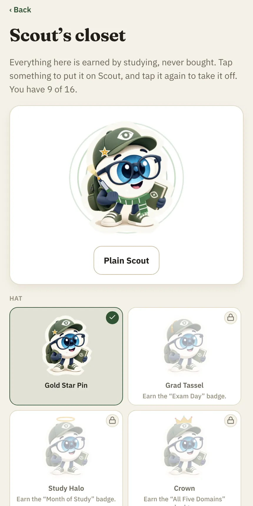 Scout's closet with Scout wearing a gold star pin, scarf, penlight and a ring aura, and a grid of earned and locked hats