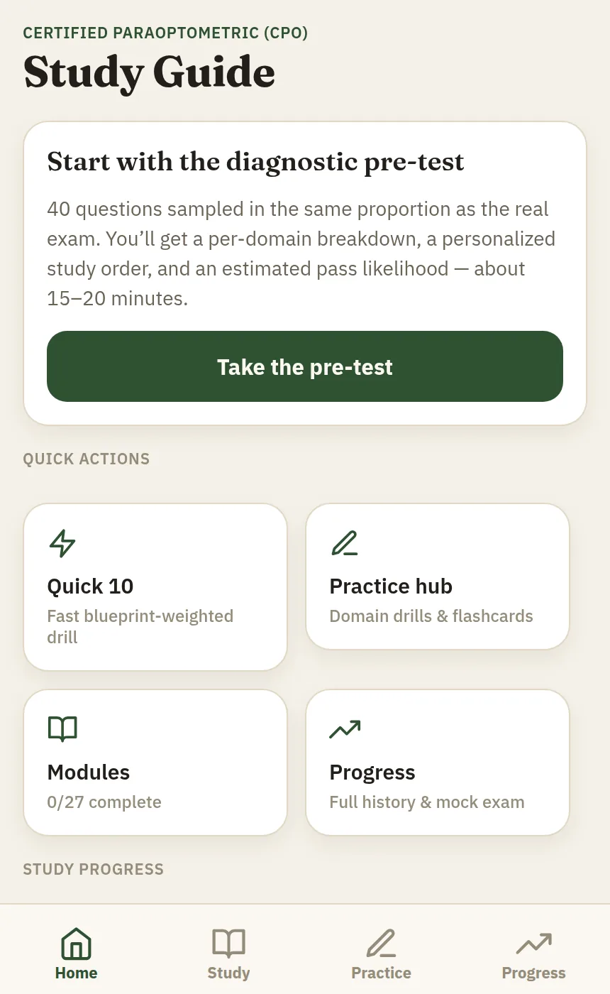 CPO Certify home screen showing the diagnostic pre-test card, quick actions for Quick 10 / Practice hub / Modules / Progress, and a study-progress bar