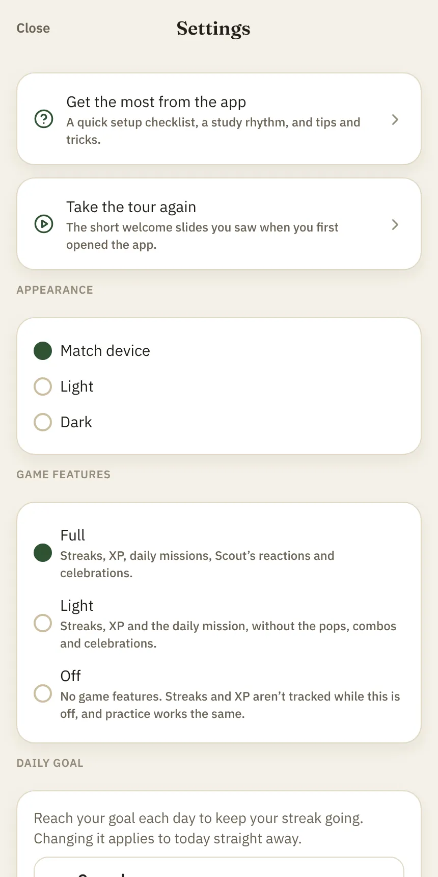 Settings screen with Game features set to Full, with Light and Off as the other choices