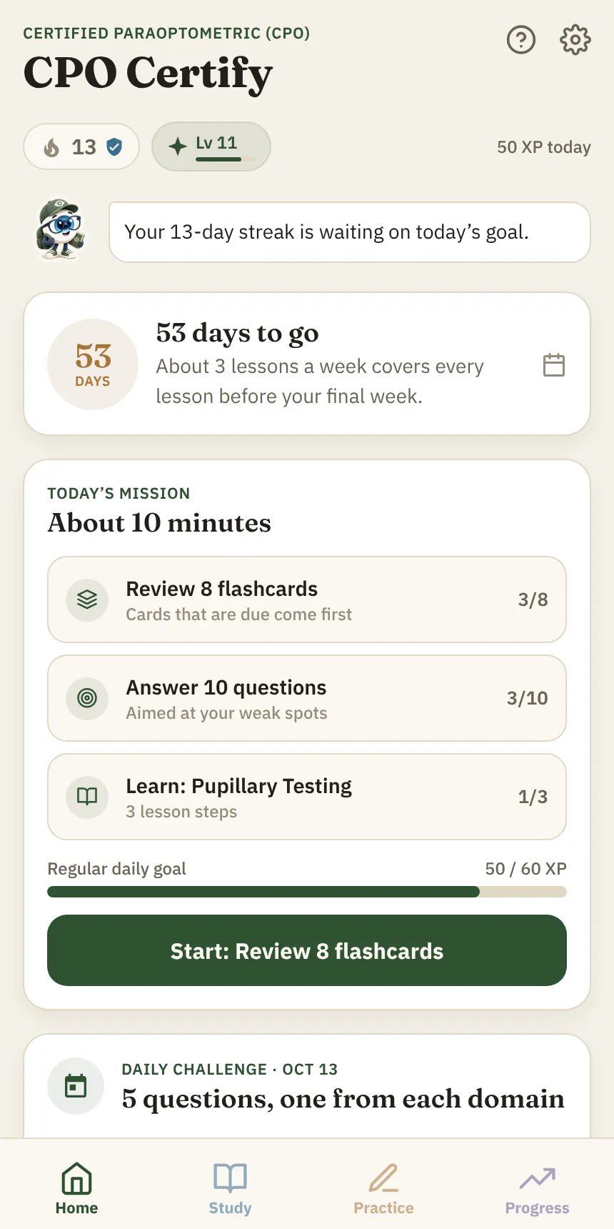 CPO Certify home screen with a streak, level, exam countdown and today's mission