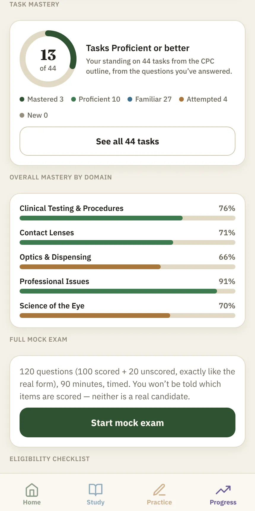 Progress screen with mastery bars for each of the five exam domains and a Start mock exam card