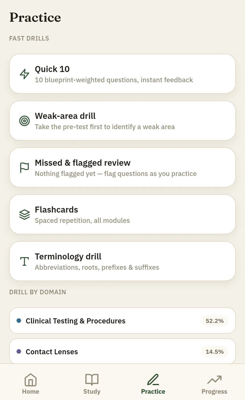 Practice hub screen listing Quick 10, weak-area drill, missed and flagged review, flashcards, terminology drill, and drill-by-domain options with percentages