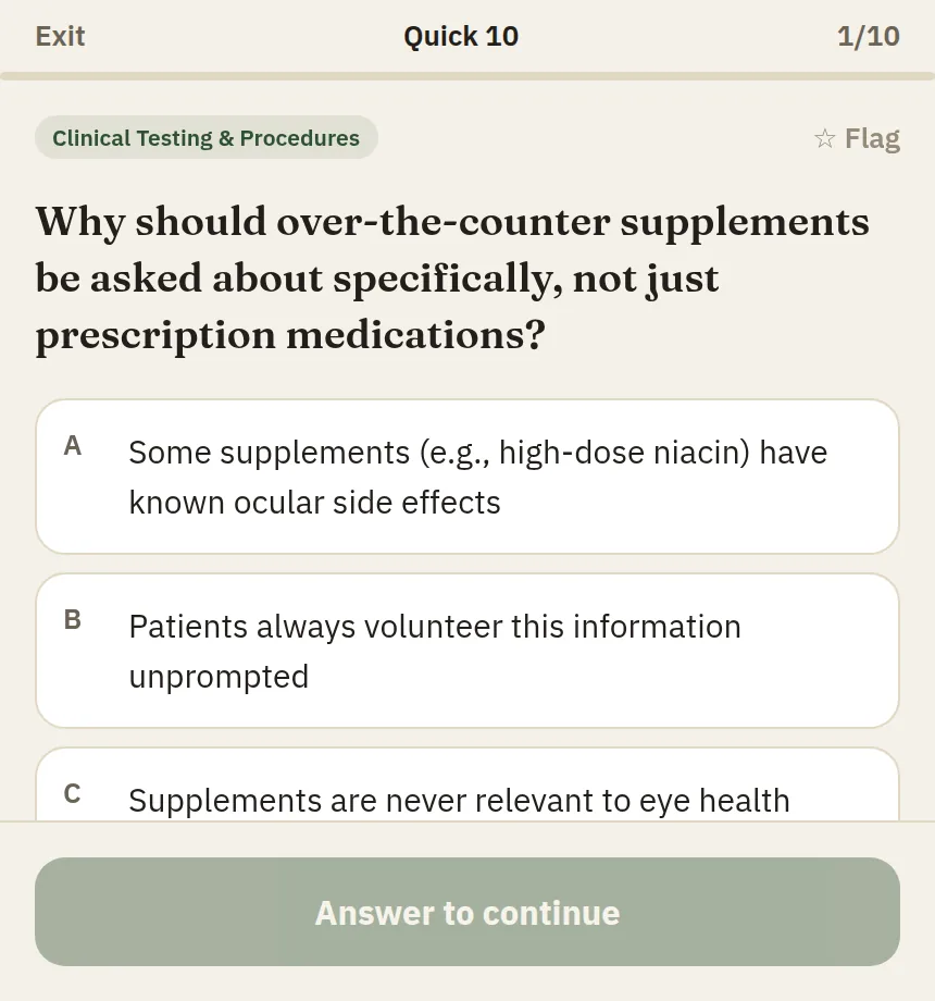 Practice question screen tagged Clinical Testing & Procedures, asking why over-the-counter supplements should be asked about specifically, with a flag button and answer choices