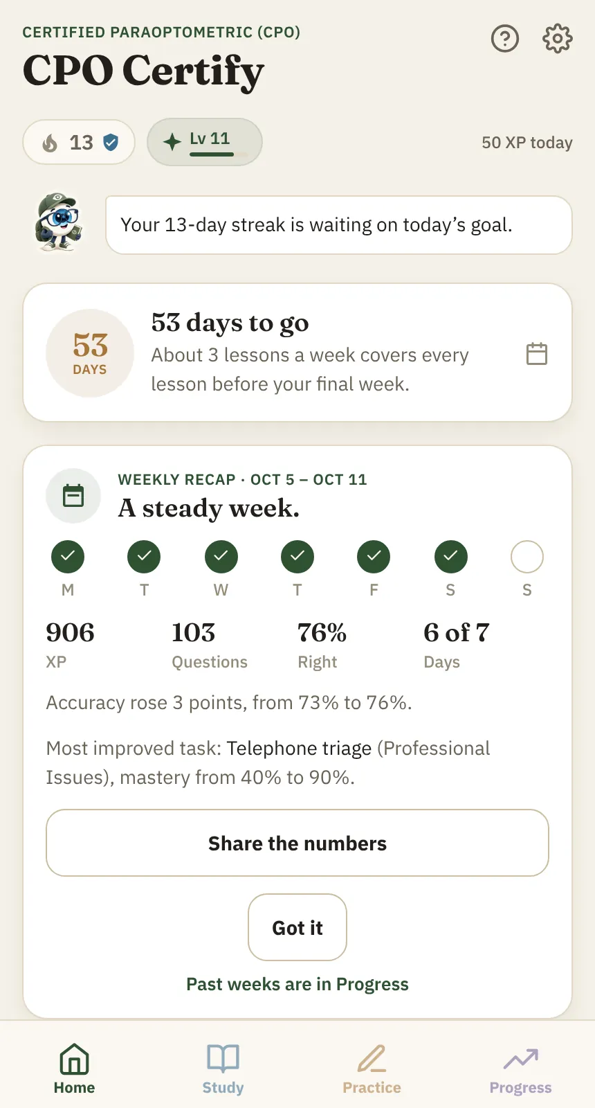 Weekly recap card for last week: six of seven days studied, XP, questions answered, accuracy and the most improved task