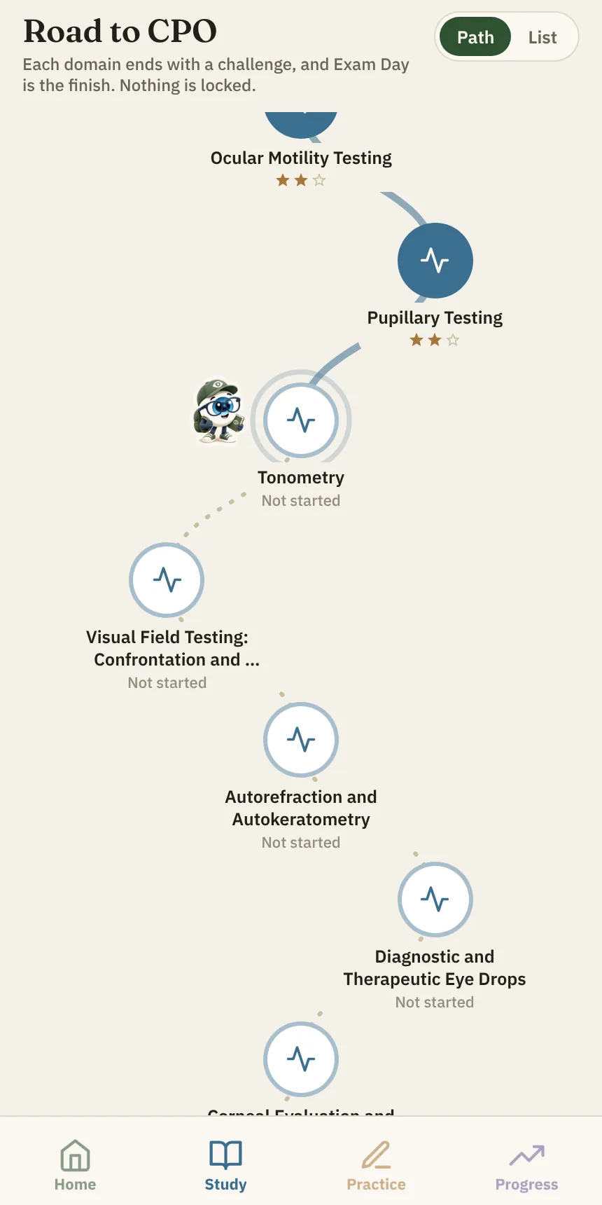 CPO Certify study road, with a stop for each module and a star rating on the ones finished