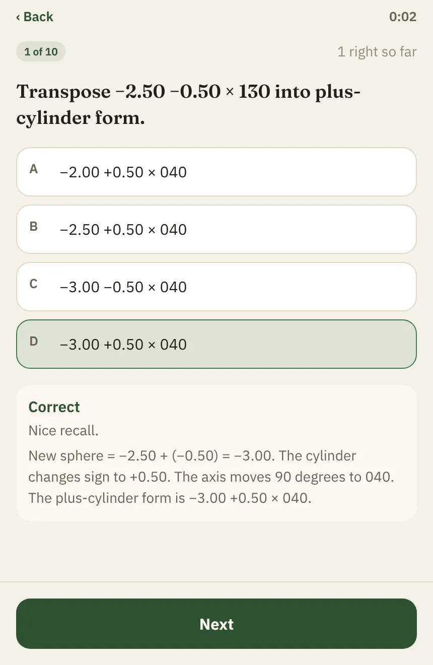 Rx Math Sprint question asking to transpose a prescription into plus-cylinder form, with the working shown after the right answer