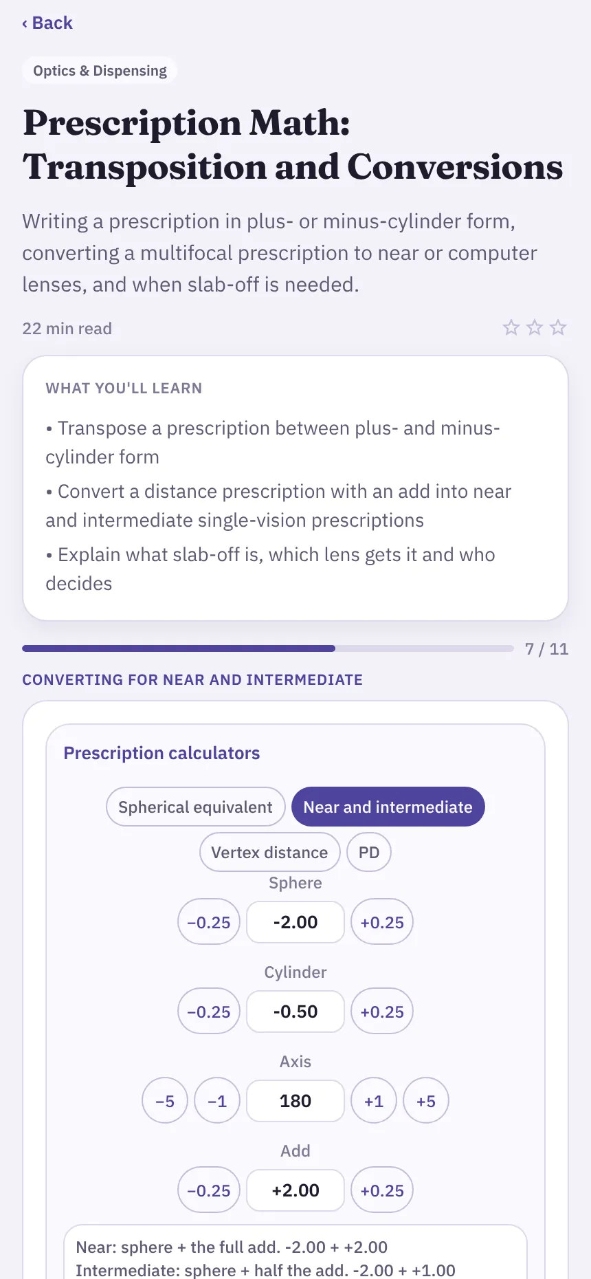 The prescription calculators lesson, with steppers for sphere, cylinder, axis and add