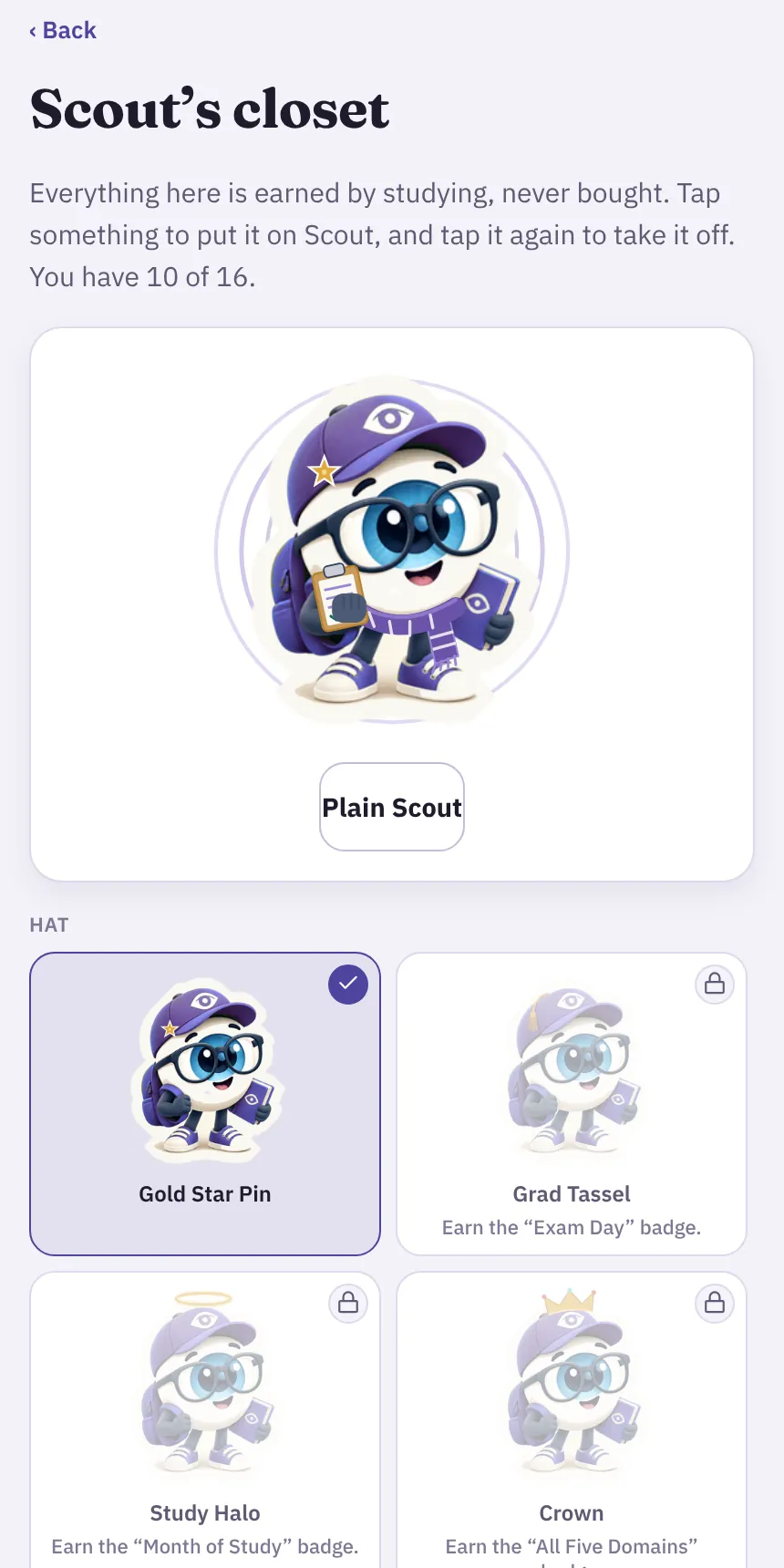 Scout's closet with Scout wearing a gold star pin, scarf, clipboard and a ring aura, and a grid of earned and locked hats