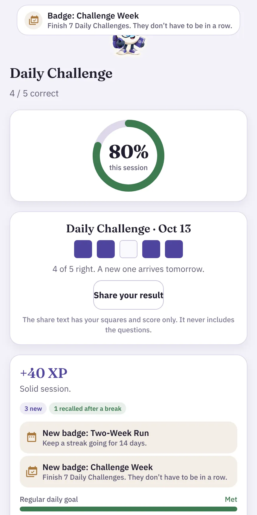 Daily Challenge results showing 80 percent, four filled squares and one empty one, the XP earned and two new badges