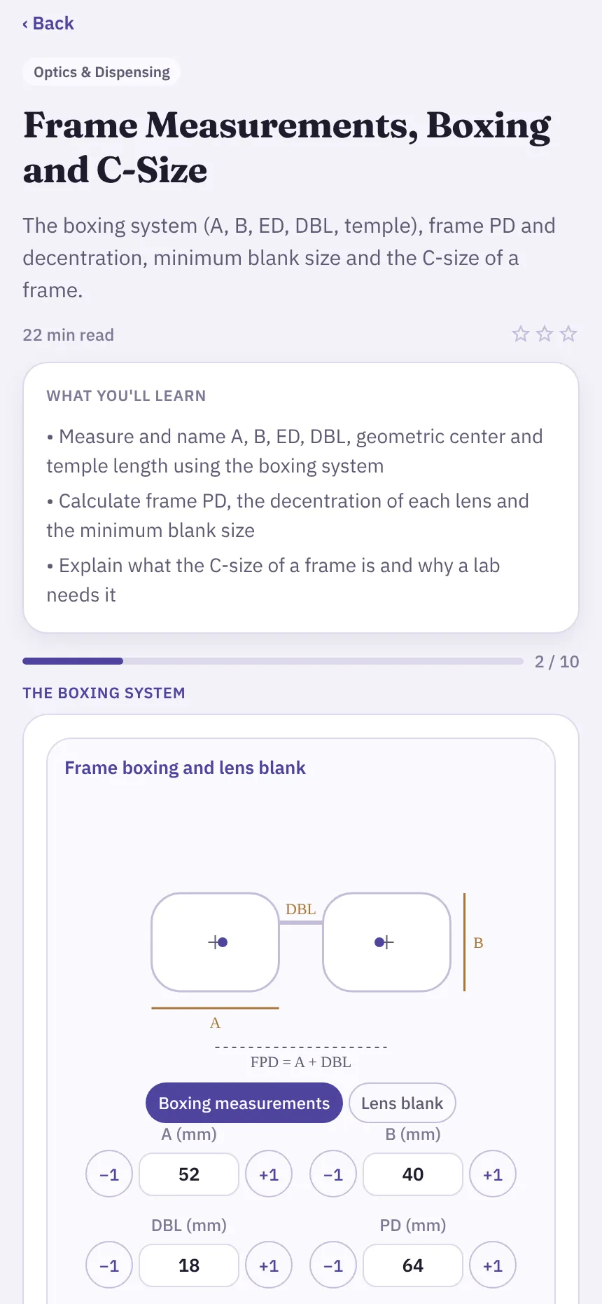 The Frame Measurements, Boxing and C-Size lesson with a frame drawn to scale and steppers for the A, B, DBL and PD measurements