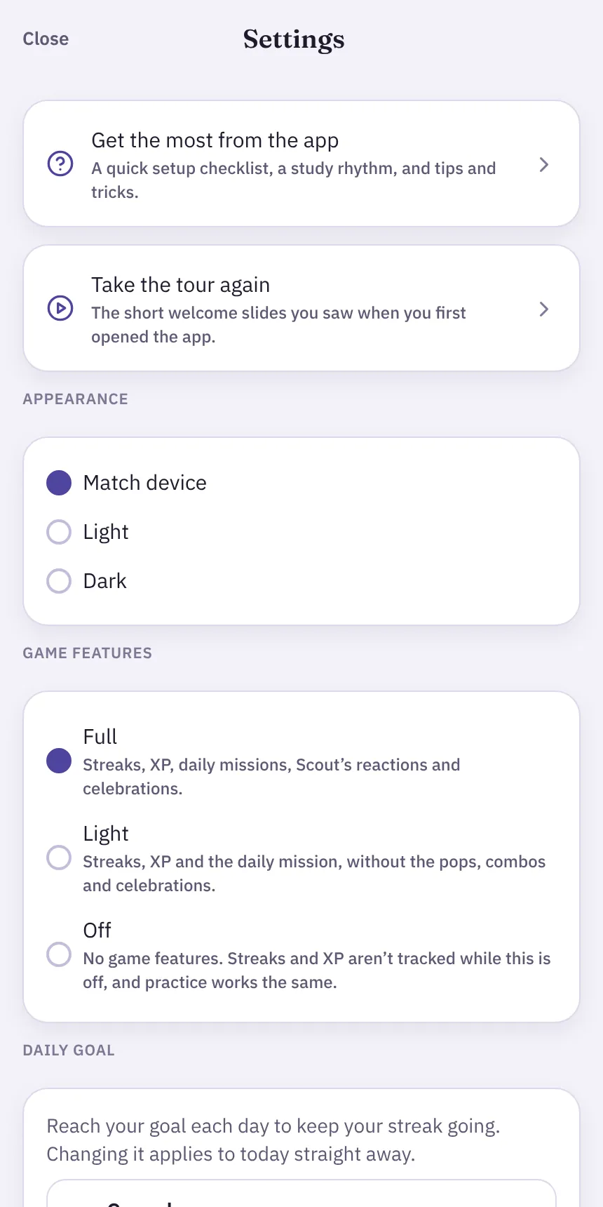Settings screen with Game features set to Full, with Light and Off as the other choices