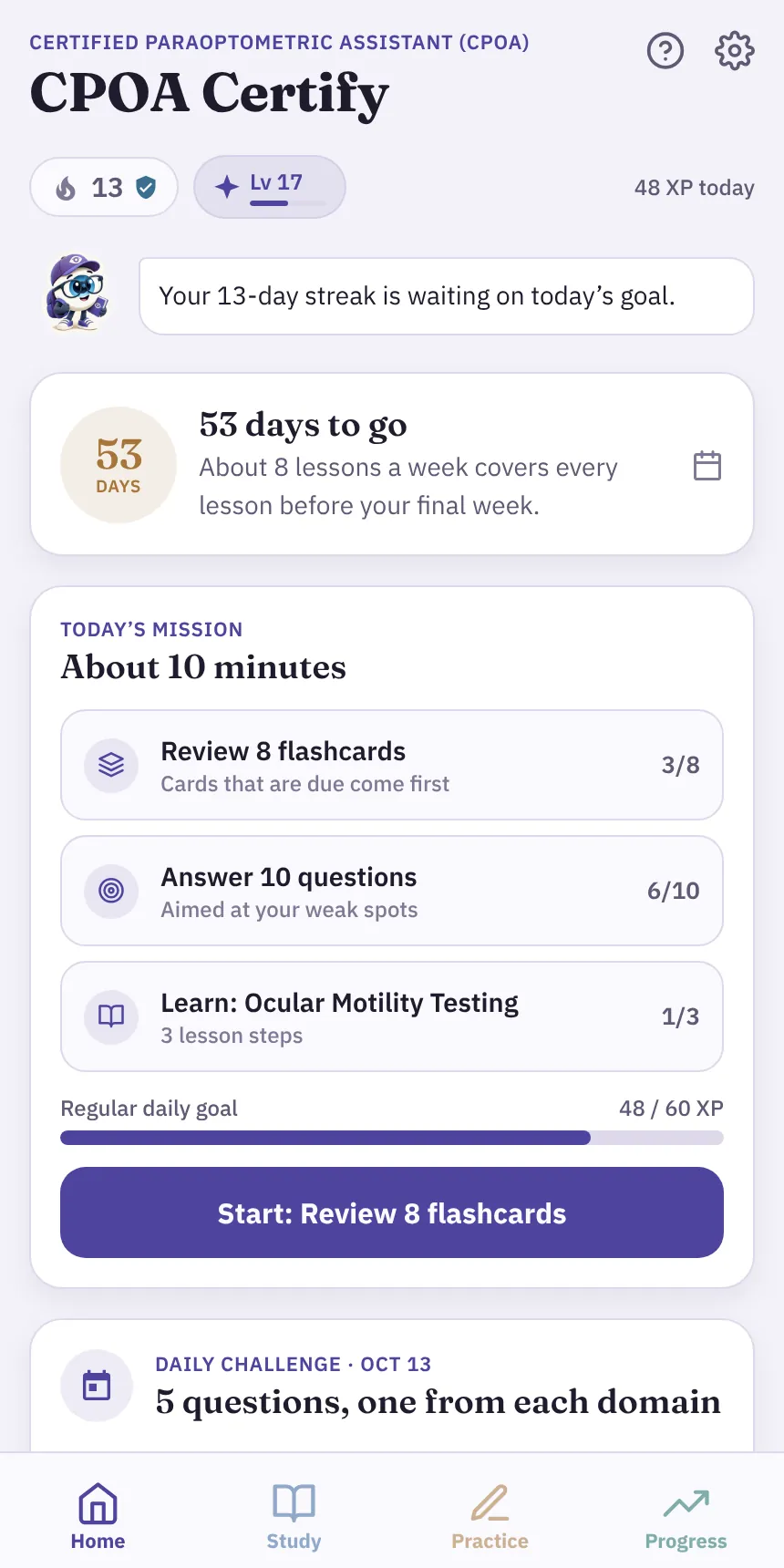 CPOA Certify home screen with a streak, level, exam countdown and today's mission