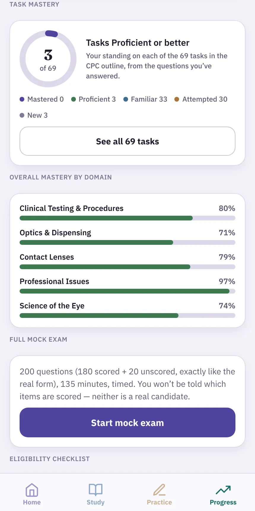 Progress screen with mastery bars for each of the five exam domains and a Start mock exam card for the 200-question exam