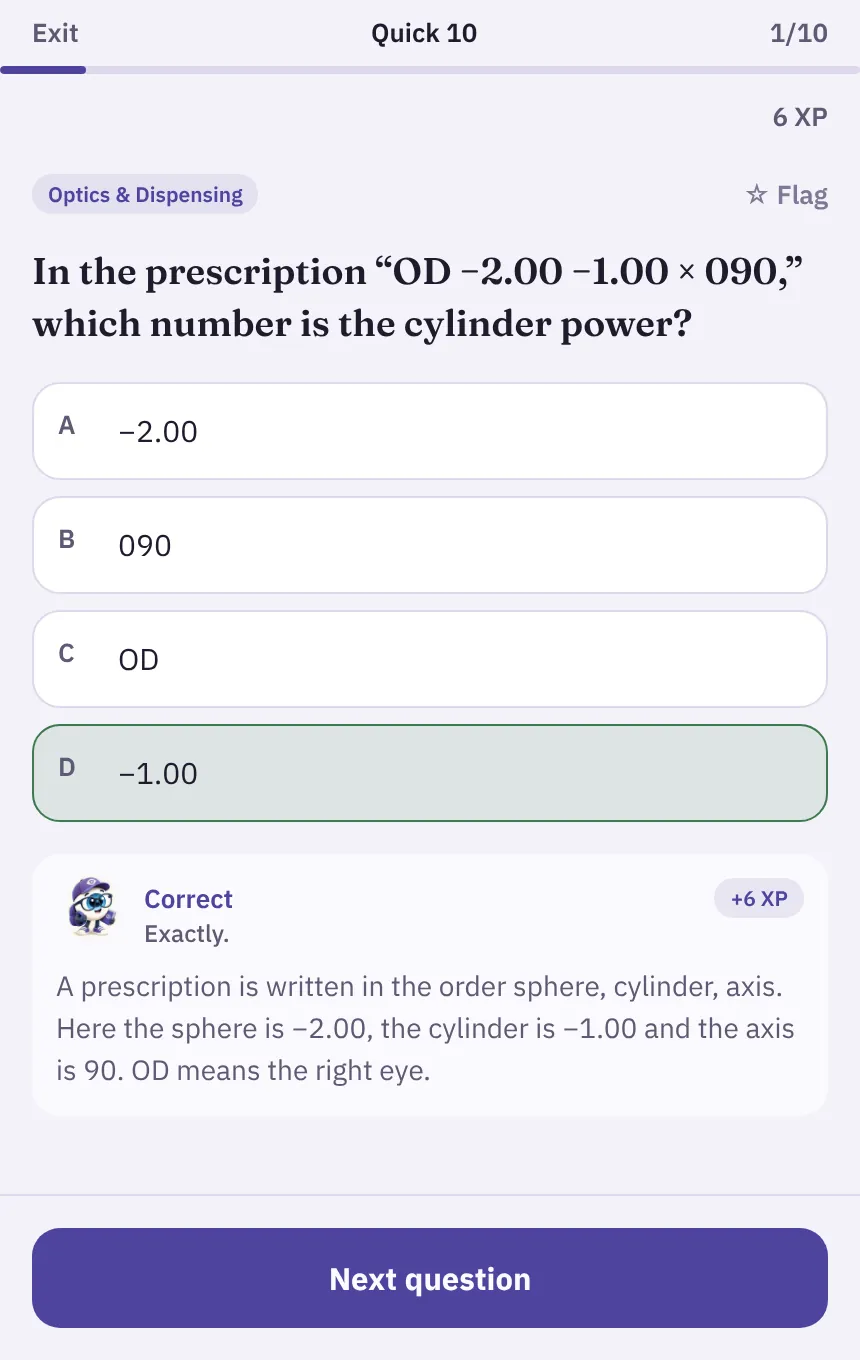 A practice question about reading a prescription with the right answer marked and Scout saying Correct