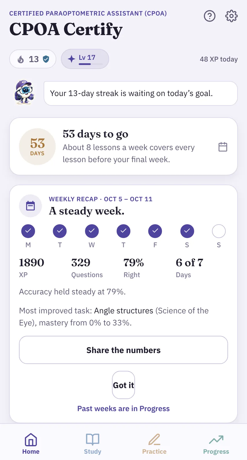 Weekly recap card for last week: six of seven days studied, XP, questions answered, accuracy and the most improved task