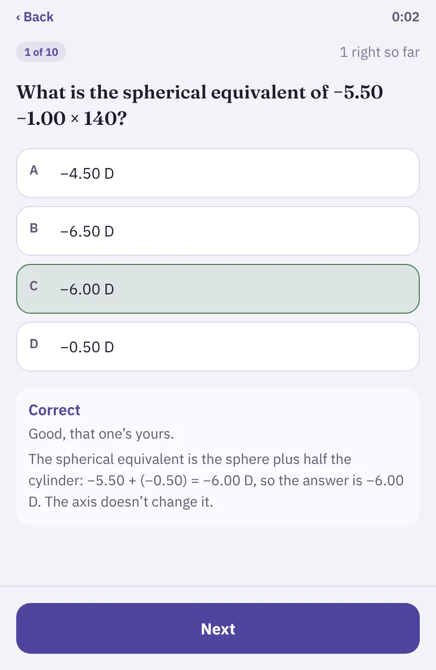 Rx Math Sprint question asking for a single-vision near prescription, with the working shown after the right answer