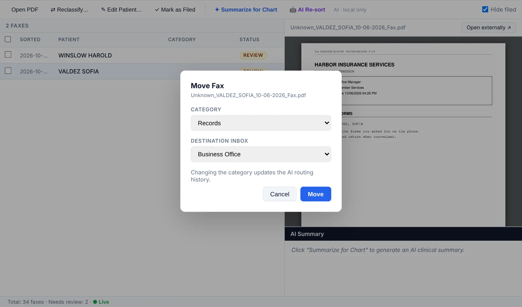 The Move Fax dialog over a fax from an insurance office, with the category set to Records and the destination inbox set to Business Office
