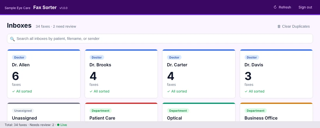 The inbox screen in the Plum theme: a deep purple header and a pale lilac page
