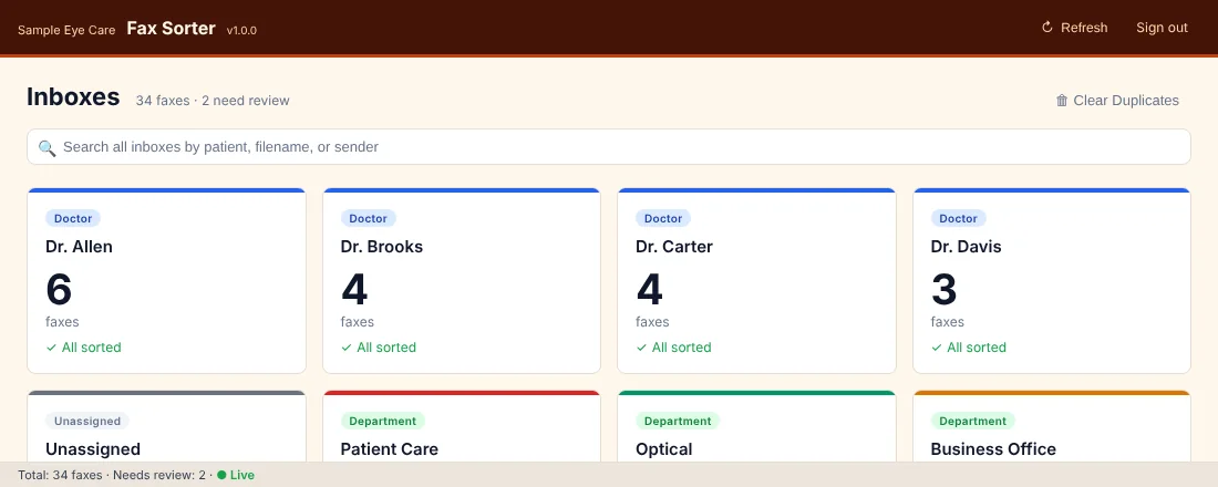 The inbox screen in the Warm Sunset theme: a dark brown header and a pale peach page