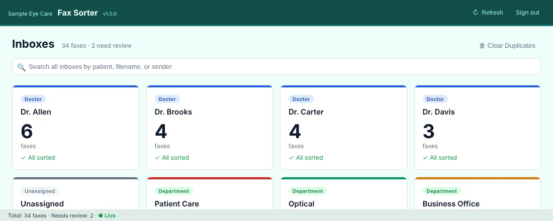 The inbox screen in the Clinic Teal theme: a deep teal header and a pale mint page